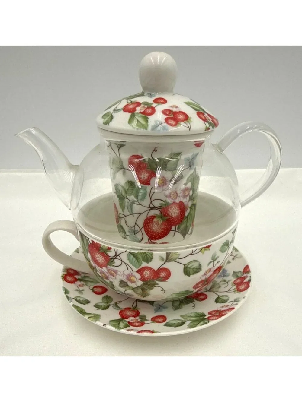 Grace Fine Porcelain Tea For One Set Strawberry Print Teapot Infuser Cup & Sauce
